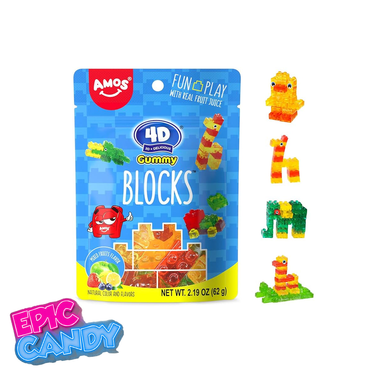 Amos 4D Gummy Blocks – 198 g | Buildable Fruit Gummies for Kids & Adults