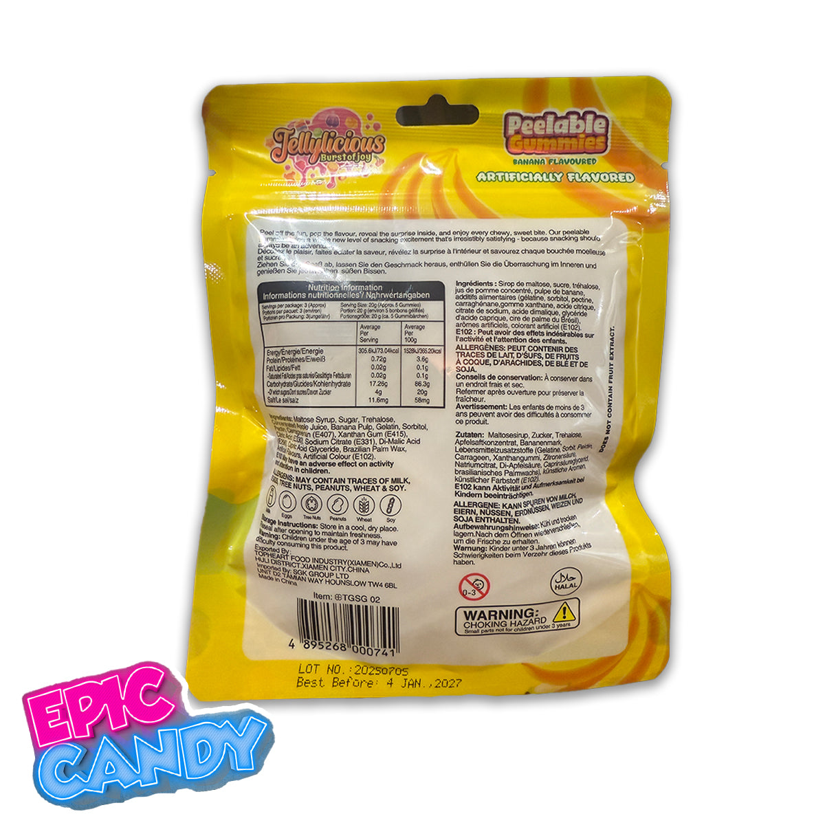 (Halal) Jellylicious Peelable Gummies Banana – 65 g | Fun Fruit-Shaped Gummy Candy (Halal)