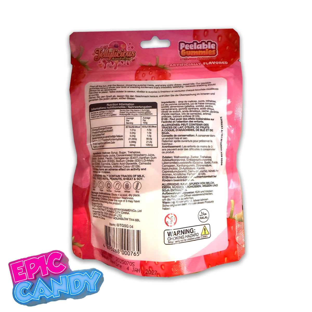 (Halal) Jellylicious Peelable Gummies Strawberry – 65 g | Fun Fruit-Shaped Gummy Candy