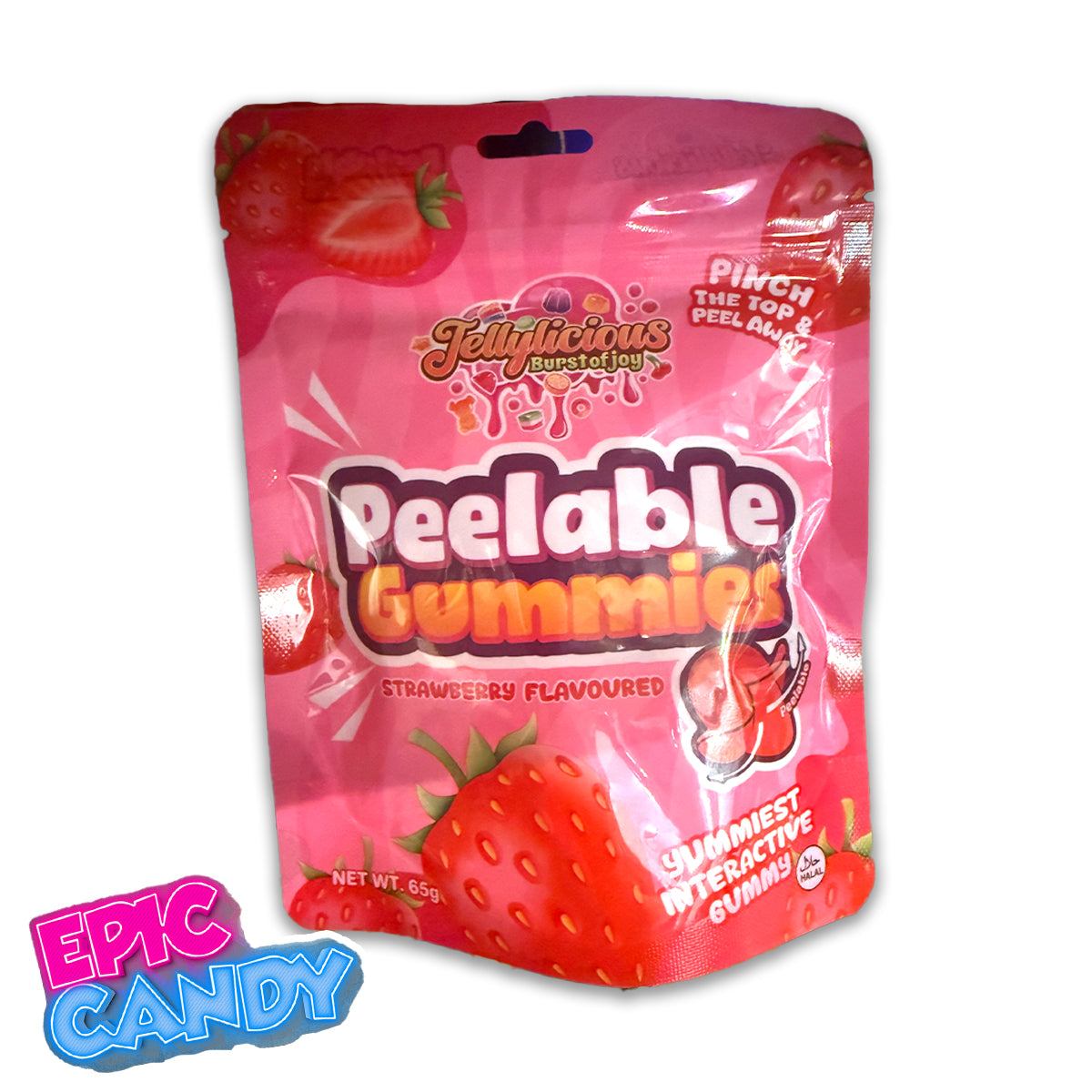 (Halal) Jellylicious Peelable Gummies Strawberry – 65 g | Fun Fruit-Shaped Gummy Candy
