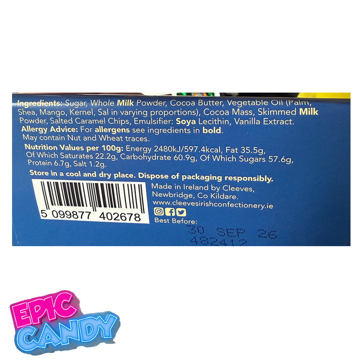 Cleeve’s Sea Salt Caramel Crisp Bar – 50 g | Irish Milk Chocolate with Salted Caramel Crispies