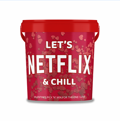 Valentines Assorted Sweet & Chocolates in Red tub with "Can we Netflix and chill"