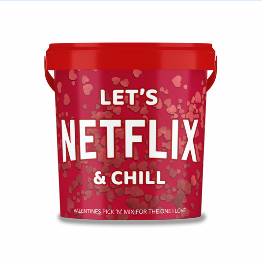 Valentines Assorted Sweet & Chocolates in Red tub with "Can we Netflix and chill"