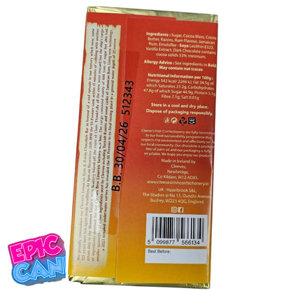 Cleeve's Jamaican Rum & Raisin Dark Chocolate Bar – 80g | Retro British Chocolate | Luxury Sweet Treat